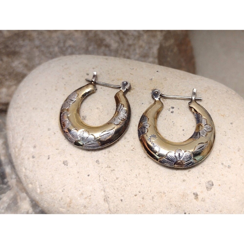 24KT Gold Over Sterling Floral Hoop Earrings - Gold - Picture 8 of 11